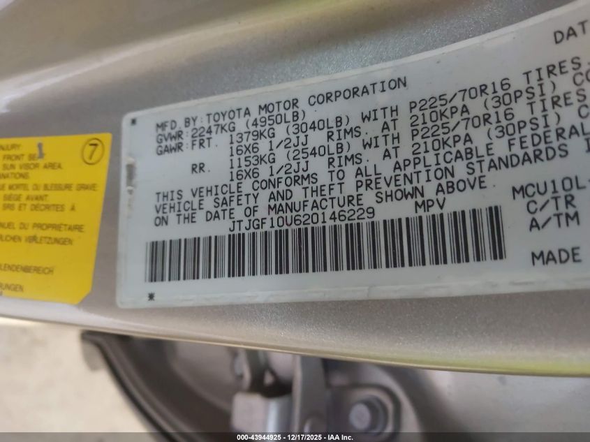 2002 Lexus Rx 300 VIN: JTJGF10U620146229 Lot: 43944925