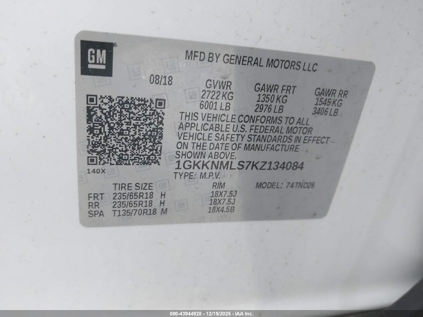 2019 GMC Acadia Slt-1 VIN: 1GKKNMLS7KZ134084 Lot: 43944928