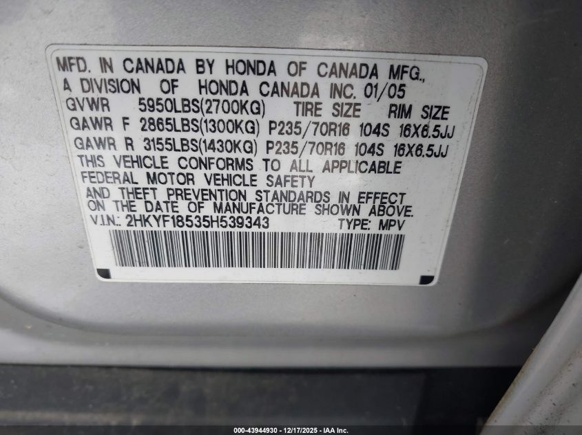 2005 Honda Pilot Ex-L VIN: 2HKYF18535H539343 Lot: 43944930