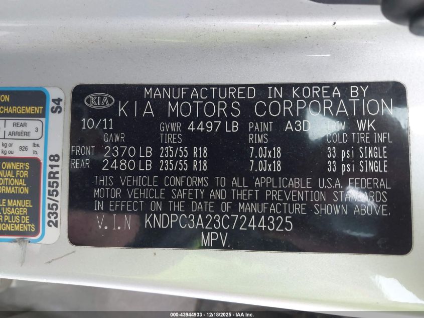 2012 Kia Sportage Ex VIN: KNDPC3A23C7244325 Lot: 43944933