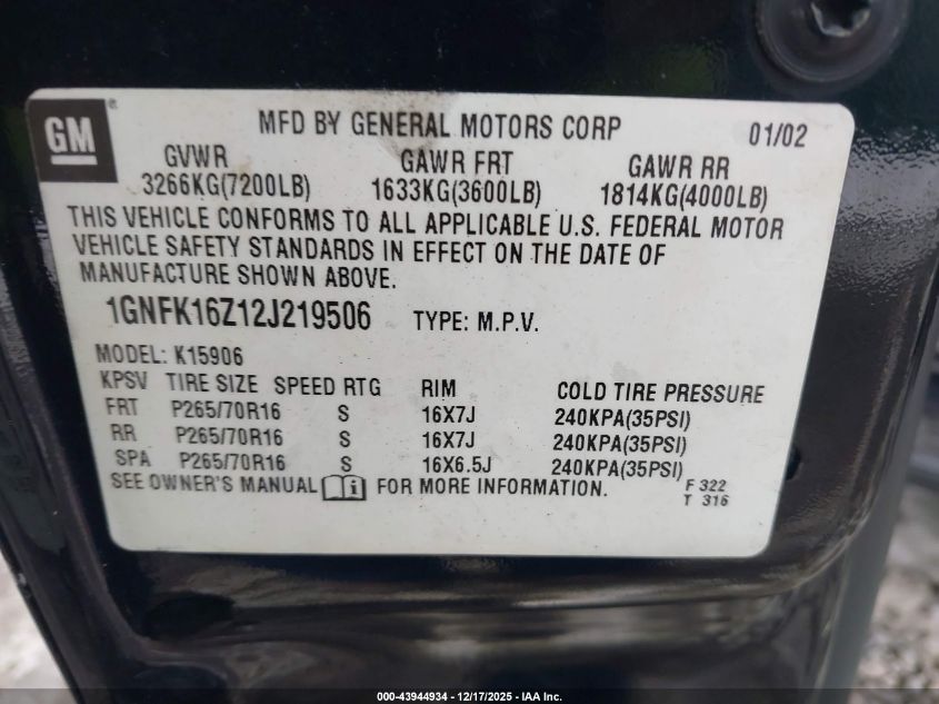 2002 Chevrolet Suburban 1500 Ls VIN: 1GNFK16Z12J219506 Lot: 43944934