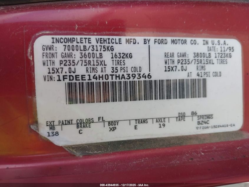 1996 Ford Econoline E150 Van VIN: 1FDEE14H0THA39346 Lot: 43944935