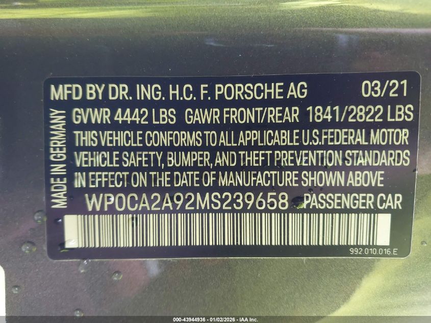 2021 Porsche 911 - WP0CA2A92MS239658