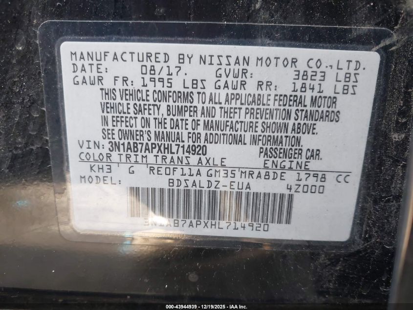 2017 Nissan Sentra Sv VIN: 3N1AB7APXHL714920 Lot: 43944939