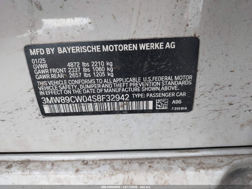2025 BMW 330I xDrive VIN: 3MW89CW04S8F32942 Lot: 43944940