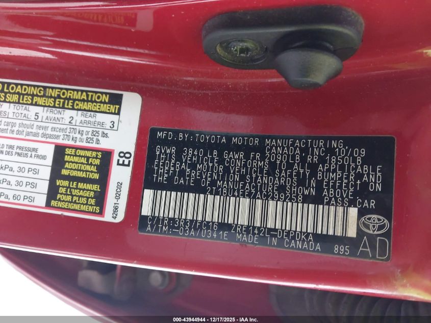 2010 Toyota Corolla Le VIN: 2T1BU4EE7AC299258 Lot: 43944944