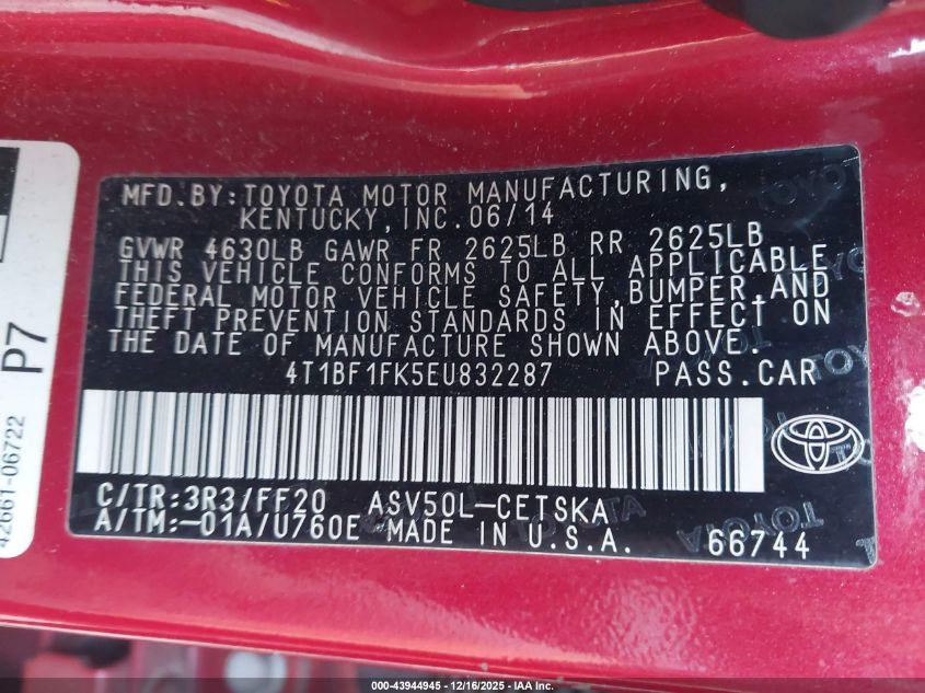 2014 Toyota Camry Se VIN: 4T1BF1FK5EU832287 Lot: 43944945