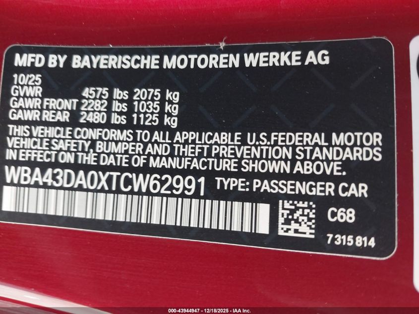 2026 BMW 430I VIN: WBA43DA0XTCW62991 Lot: 43944947