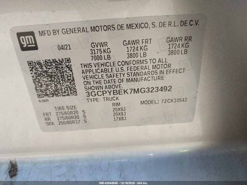 2021 Chevrolet Silverado 1500 4Wd Short Bed Custom VIN: 3GCPYBEK7MG323492 Lot: 43944948