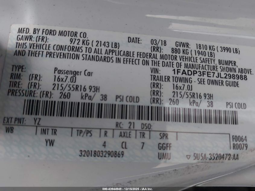 2018 Ford Focus Se VIN: 1FADP3FE7JL298988 Lot: 43944949