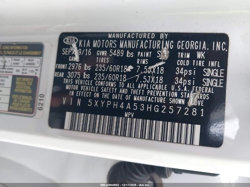 2017 Kia Sorento 3.3L Ex VIN: 5XYPH4A53HG257281 Lot: 43944952