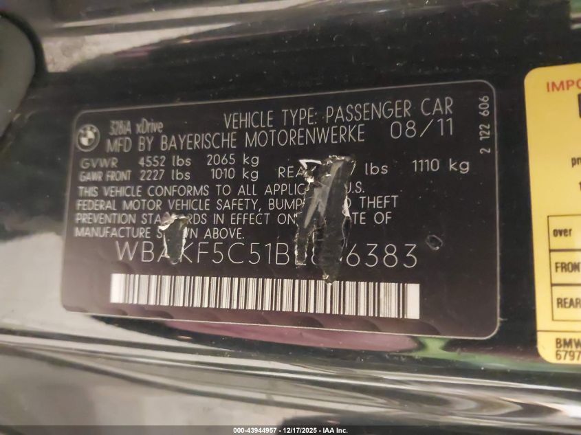 2011 BMW 328I xDrive VIN: WBAKF5C51BE656383 Lot: 43944957