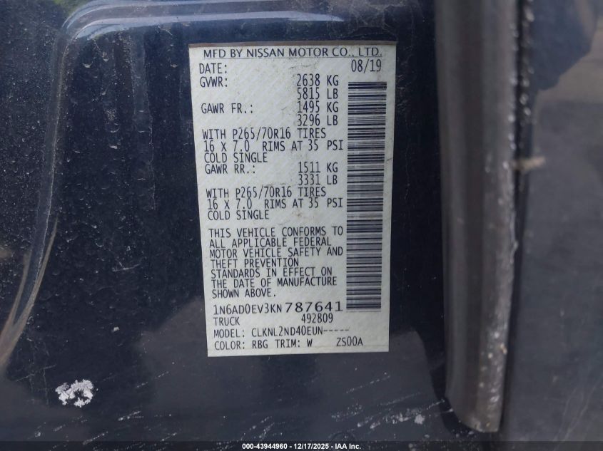 2019 Nissan Frontier Sv VIN: 1N6AD0EV3KN787641 Lot: 43944960