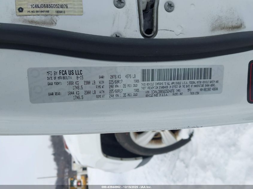 2016 Jeep Compass Sport VIN: 1C4NJDBB5GD524076 Lot: 43944962