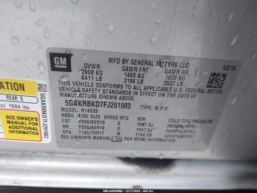 2015 Buick Enclave Leather VIN: 5GAKRBKD7FJ291983 Lot: 43944966