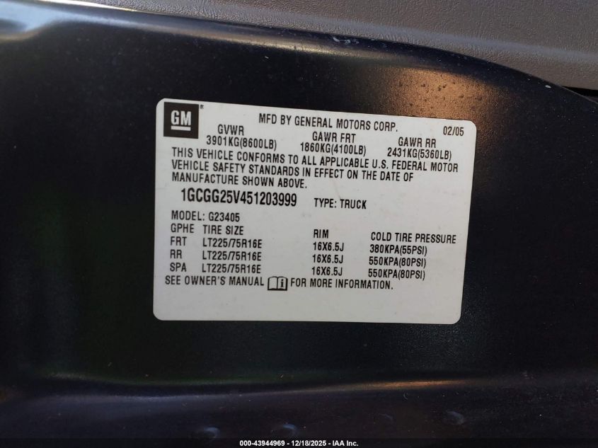 2005 Chevrolet Express VIN: 1GCGG25V451203999 Lot: 43944969