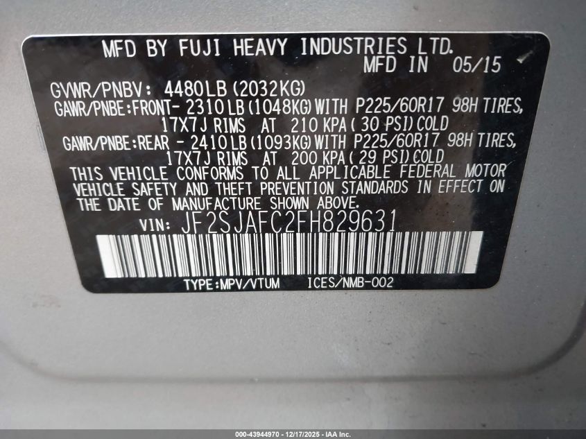2015 Subaru Forester 2.5I Premium VIN: JF2SJAFC2FH829631 Lot: 43944970