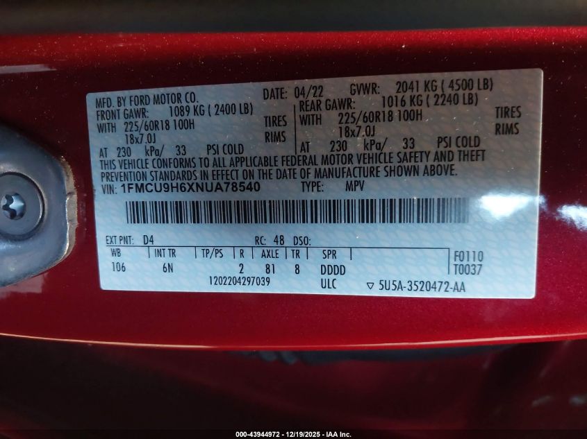 2022 Ford Escape Sel VIN: 1FMCU9H6XNUA78540 Lot: 43944972