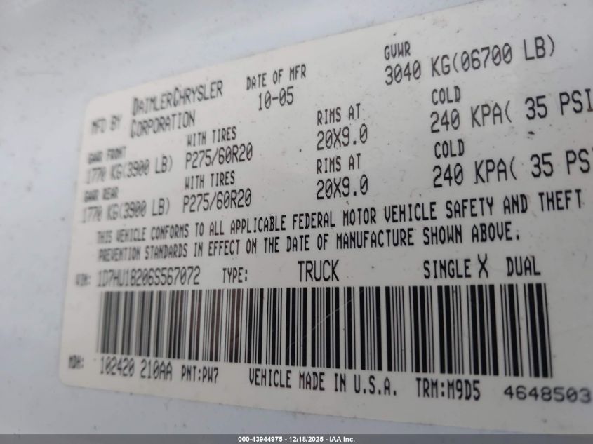 2006 Dodge Ram 1500 Slt/Trx4 Off Road/Sport VIN: 1D7HU18206S567072 Lot: 43944975