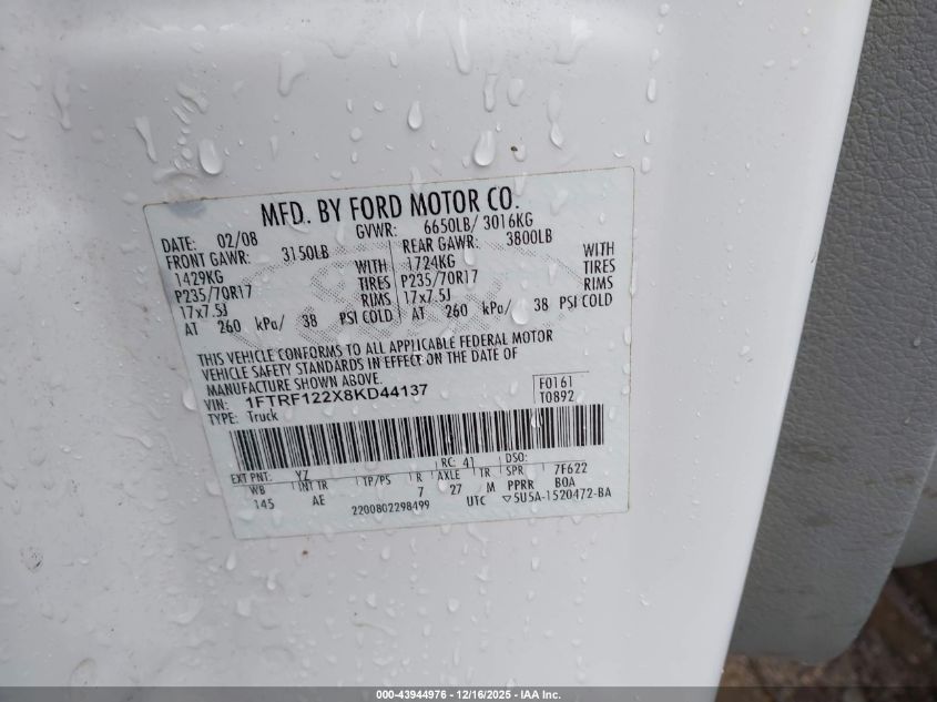 2008 Ford F-150 Stx/Xl/Xlt VIN: 1FTRF122X8KD44137 Lot: 43944976