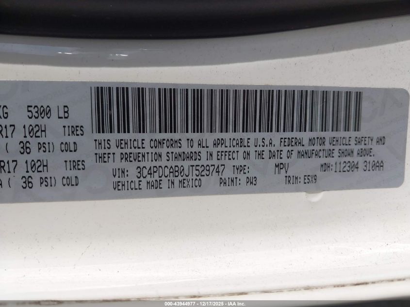 2018 Dodge Journey Se VIN: 3C4PDCAB0JT529747 Lot: 43944977