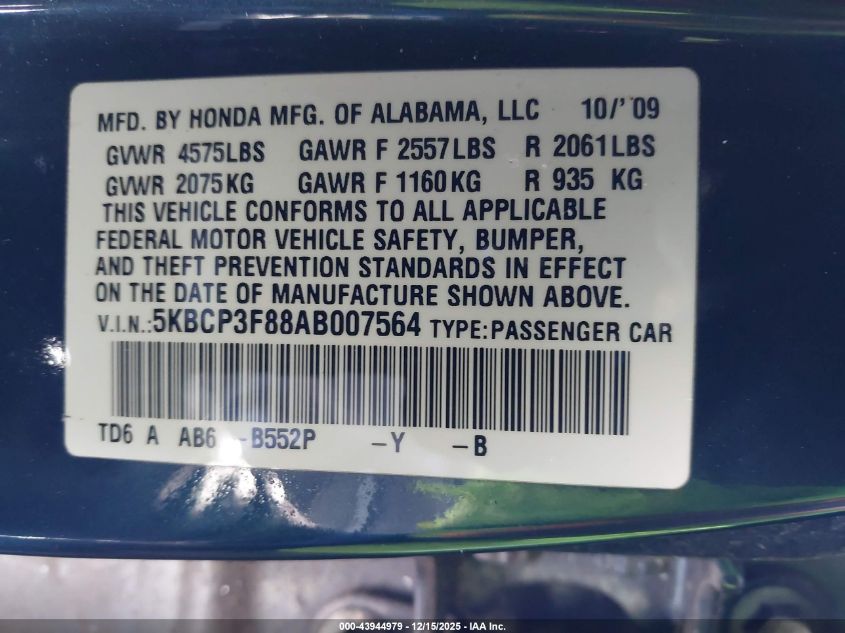2010 Honda Accord 3.5 Ex-L VIN: 5KBCP3F88AB007564 Lot: 43944979