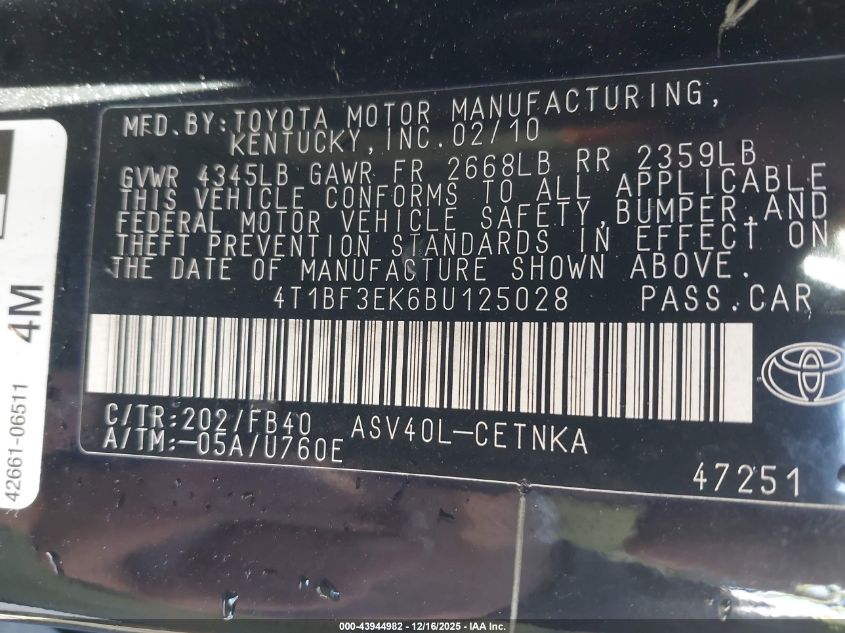 2011 Toyota Camry Le VIN: 4T1BF3EK6BU125028 Lot: 43944982