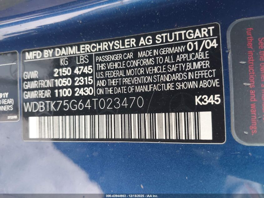 2004 Mercedes-Benz Clk 500 VIN: WDBTK75G64T023470 Lot: 43944983