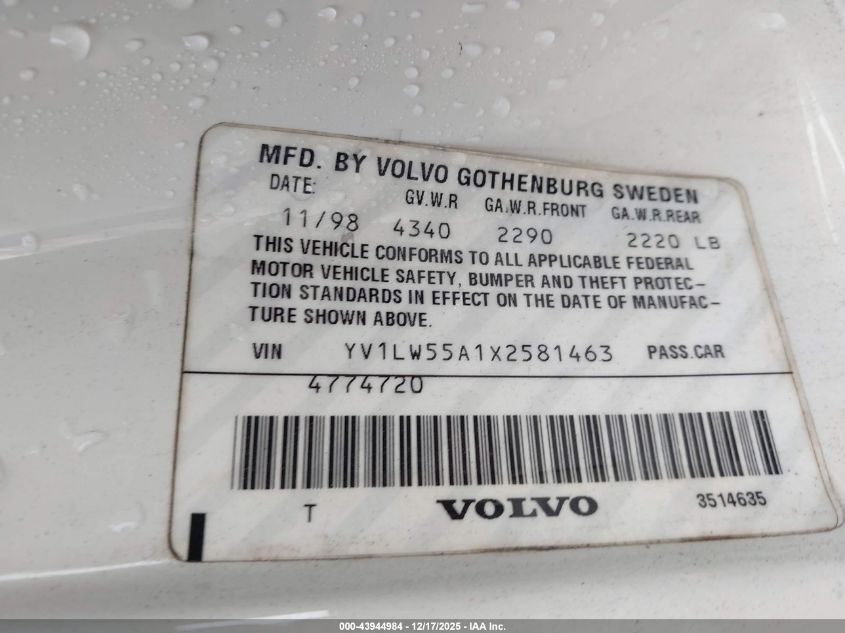 1999 Volvo V70 VIN: YV1LW55A1X2581463 Lot: 43944984
