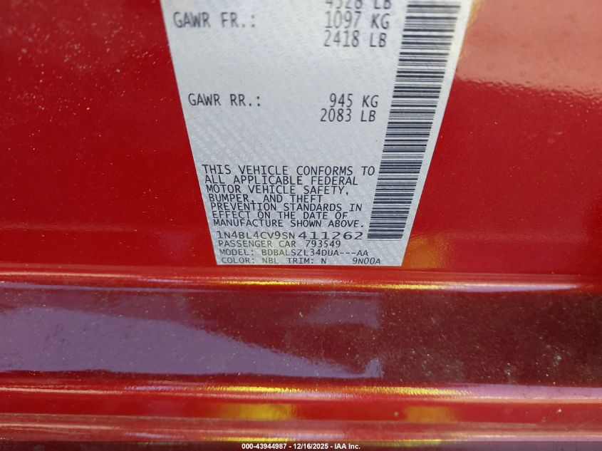 2025 Nissan Altima Sr Fwd VIN: 1N4BL4CV9SN411262 Lot: 43944987