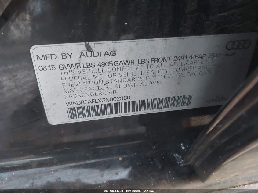 2016 Audi A4 2.0T Premium VIN: WAUBFAFLXGN002380 Lot: 43944988