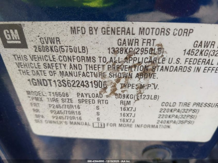 2002 Chevrolet Trailblazer Ls VIN: 1GNDT13S622431906 Lot: 43944995