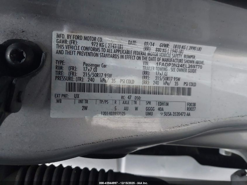 2014 Ford Focus Titanium VIN: 1FADP3N24EL269770 Lot: 43944997