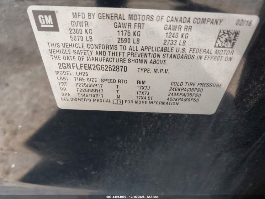 2016 Chevrolet Equinox Lt VIN: 2GNFLFEK2G6262870 Lot: 43944999