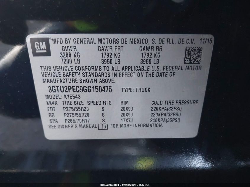 2016 GMC Sierra 1500 Denali VIN: 3GTU2PEC9GG150475 Lot: 43945001