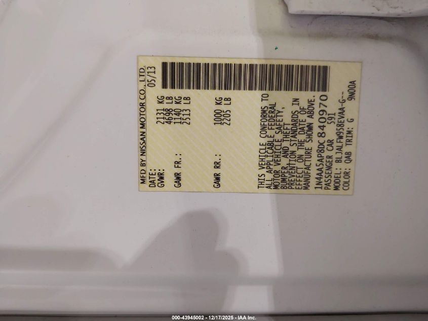 2013 Nissan Maxima 3.5 Sv VIN: 1N4AA5AP8DC840970 Lot: 43945002