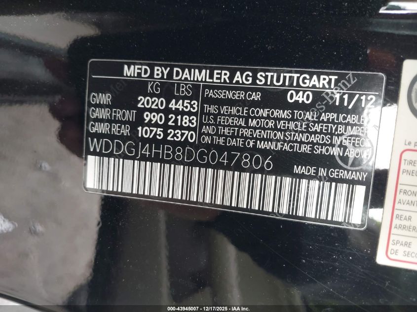 2013 Mercedes-Benz C 250 VIN: WDDGJ4HB8DG047806 Lot: 43945007