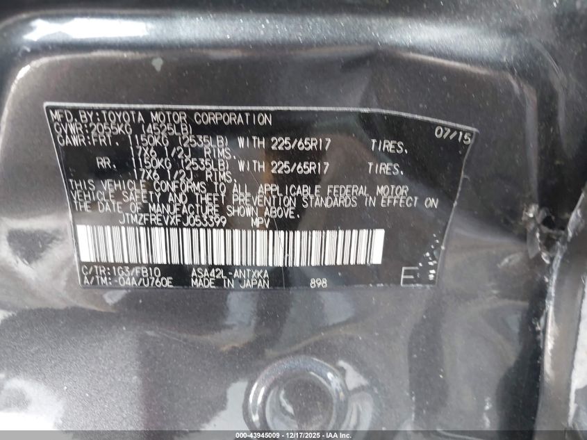 2015 Toyota Rav4 Le VIN: JTMZFREVXFJ053399 Lot: 43945009