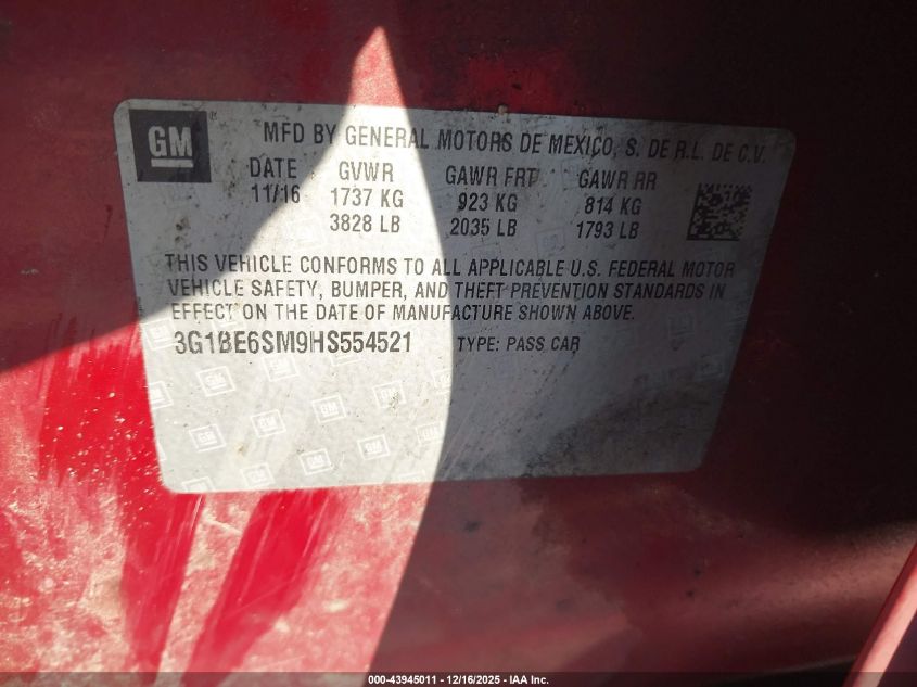 2017 Chevrolet Cruze Lt Auto VIN: 3G1BE6SM9HS554521 Lot: 43945011