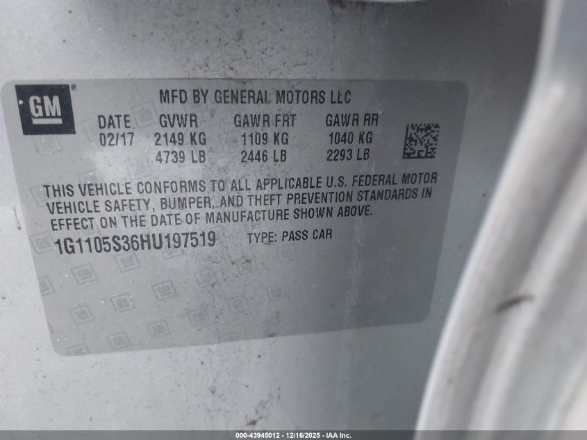 2017 Chevrolet Impala 1Lt VIN: 1G1105S36HU197519 Lot: 43945012