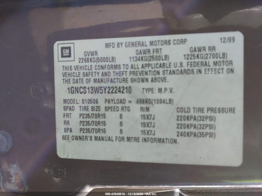 2000 Chevrolet Blazer Ls VIN: 1GNCS13W5Y2224210 Lot: 43945016