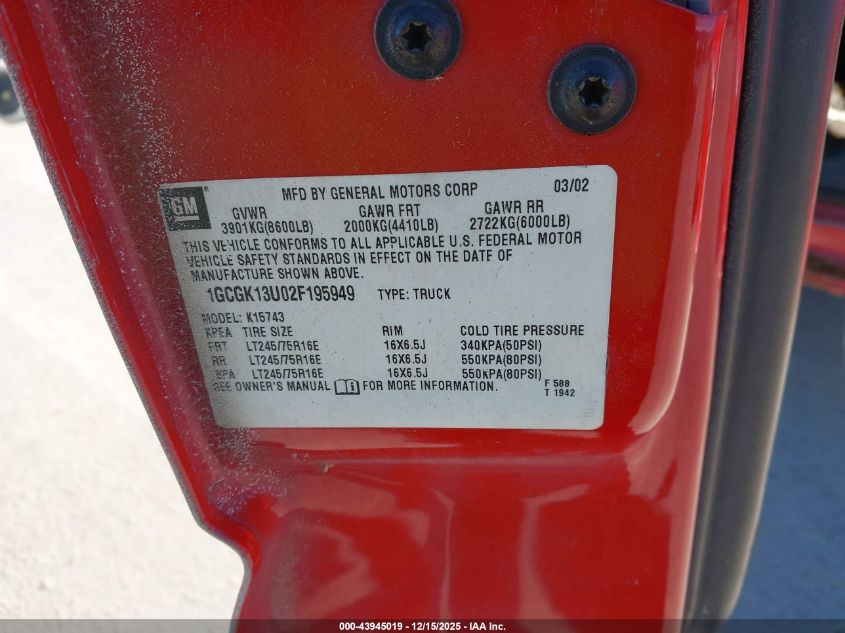 2002 Chevrolet Silverado 1500Hd Ls VIN: 1GCGK13U02F195949 Lot: 43945019