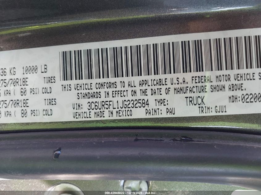 2018 Ram 2500 Laramie 4X4 6'4 Box VIN: 3C6UR5FL1JG232584 Lot: 43945022