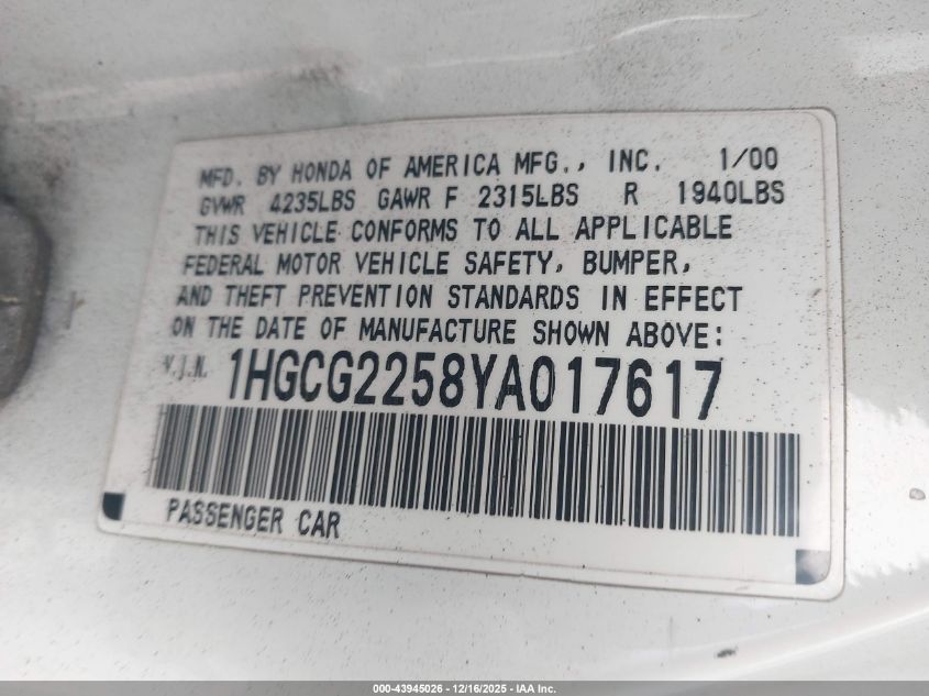 2000 Honda Accord 3.0 Ex VIN: 1HGCG2258YA017617 Lot: 43945026