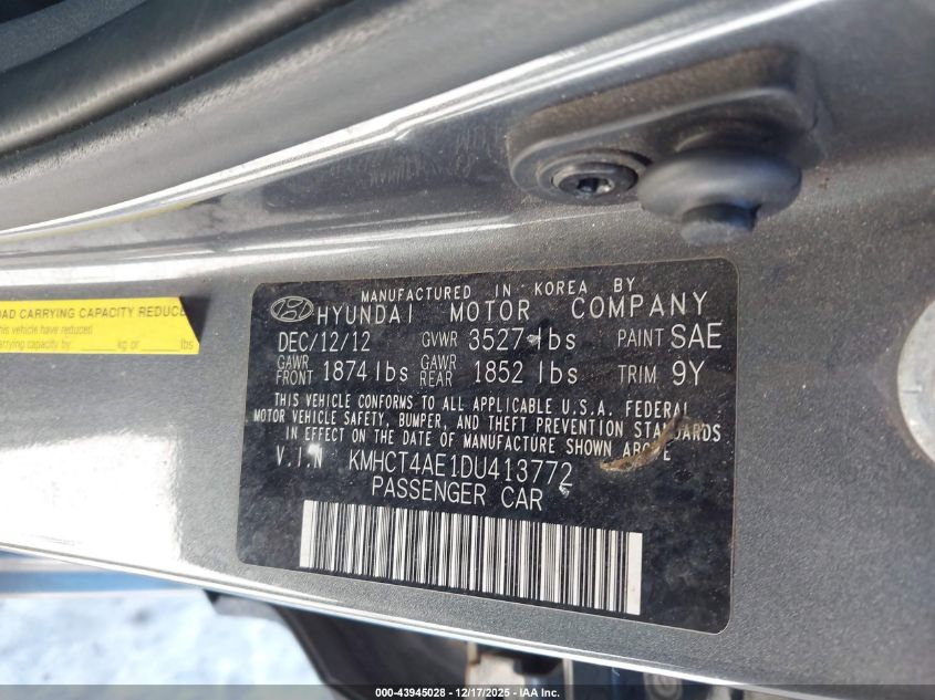 2013 Hyundai Accent Gls VIN: KMHCT4AE1DU413772 Lot: 43945028