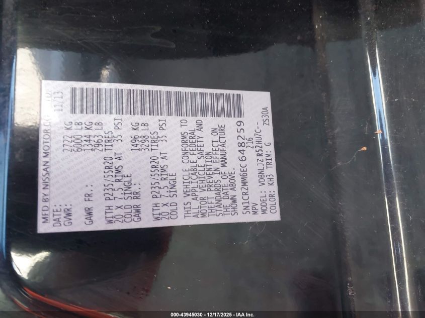 2014 Nissan Pathfinder Hybrid Platinum VIN: 5N1CR2MM6EC648259 Lot: 43945030