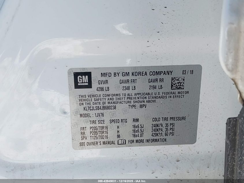 2018 Chevrolet Trax Lt VIN: KL7CJLSB4JB680238 Lot: 43945031