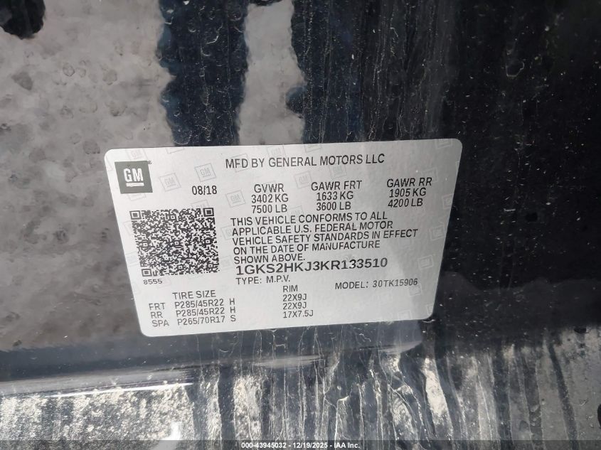 2019 GMC Yukon Xl Denali VIN: 1GKS2HKJ3KR133510 Lot: 43945032