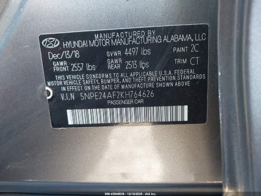 2019 Hyundai Sonata Se VIN: 5NPE24AF2KH764626 Lot: 43945036
