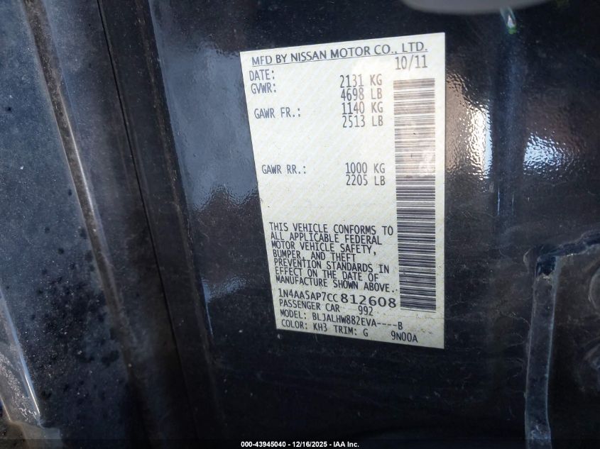 2012 Nissan Maxima 3.5 Sv VIN: 1N4AA5AP7CC812608 Lot: 43945040